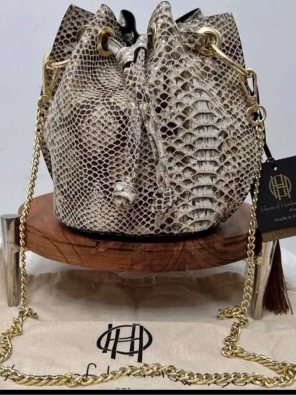 House of Harlow 1960 Python-Pattern Drawstring Bucket Bag in Natural/Black